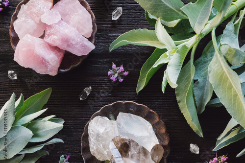 Quartz and Rose Quartz Crystals and Sage © Serena Williamson