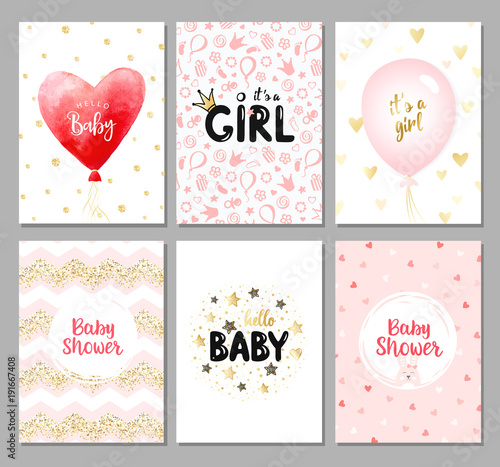 Vector Set Of 6 Color Baby Shower Cards For Girls It S A Girl Card