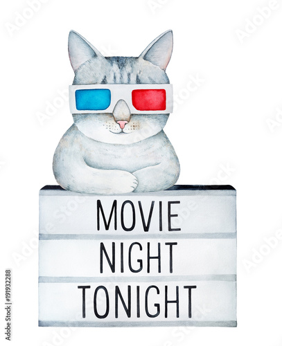 cute-szary-pregowany-kot-sobie-klasyczne-kartonowe-okulary-3d-spoczywajacej-na-pokladzie-swiatla-pole-z-napisem-quot-noc-film-dzis-quot-recznie-rysowane-akwarela-na-bialym-tle-wyciac