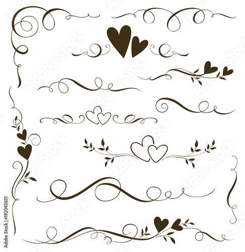 Vector set of floral calligraphic elements, dividers and love ornaments for page decoration and frame design. Decorative heart silhouette for wedding cards and invitations. © Gizele