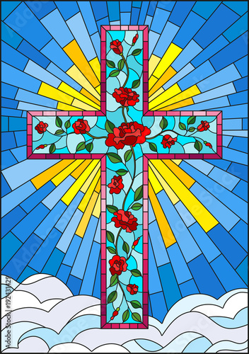 illustration-in-stained-glass-style-with-christian-cross-decorated-with-pink-roses-on-the-background-of-sky-with-clouds