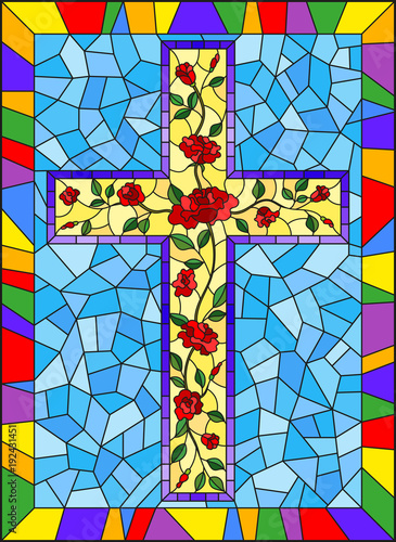illustration-in-stained-glass-style-with-christian-cross-decorated-with-pink-roses-on-blue-background-in-bright-frame