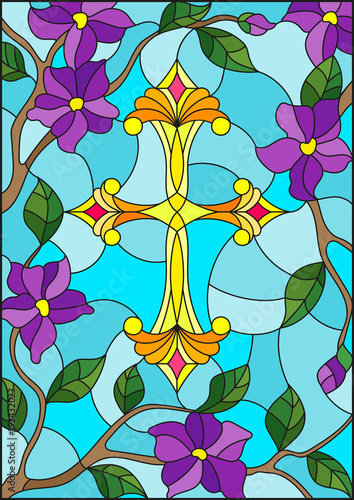 stained-glass-illustration-with-a-yellow-christian-cross-in-the-sky-and-purple-flowers