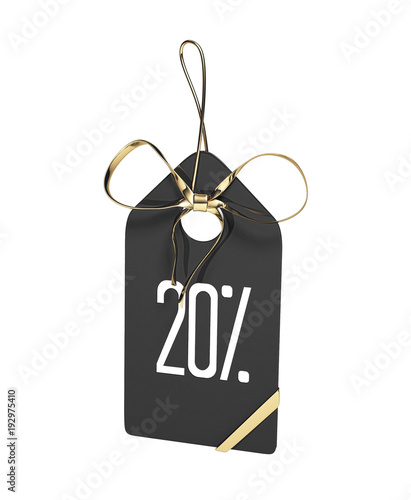 20% discount on a Black Shiny Price Tag with Golden Ribbon. Sale concept. 3d rendering isolated on White Background