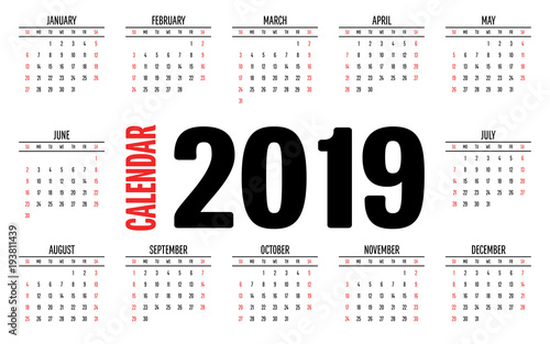 2019 Calendar Simple Clear Design Template Vector Illustration Week Start from Sunday