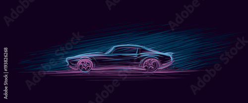 Neon illustration of muscle car. Vector.