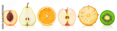 Isolated fruits halves. Cut peach, pear, orange, apple, pineapple and kiwi in a row isolated on white background with clipping path © Anna Kucherova