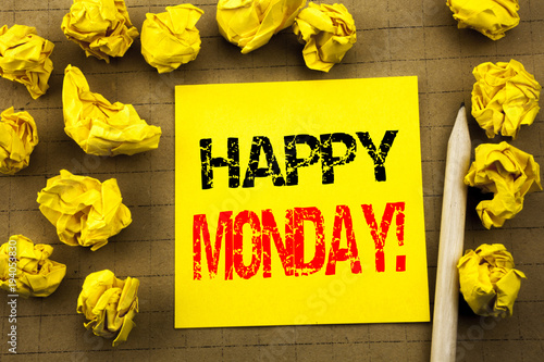 Handwriting text showing Happy Monday . Business concept for New Week Motivation written on sticky note paper on the vintage background. Folded yellow papers on the background