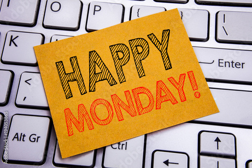 Conceptual hand writing text caption inspiration showing Happy Monday . Business concept for New Week Motivation written on sticky note paper on the white keyboard background.