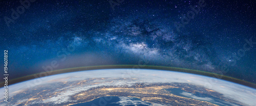 Landscape with Milky way galaxy. Earth and Aurora view from space with Milky way galaxy. (Elements of this image furnished by NASA)