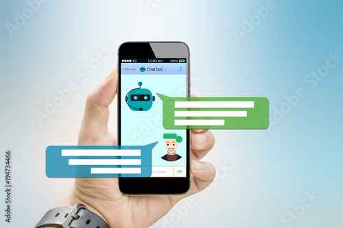 Chatbot concept.Hands holding mobile phone on blurred abstract backgrounds
