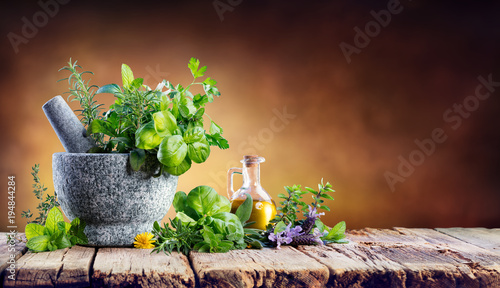 Aromatic Herbs With Mortar - Fresh Spices For Cooking © Romolo Tavani