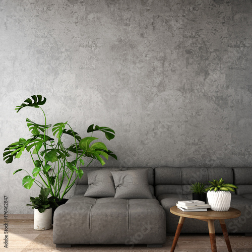3d rendering,3d illustration,interior design for living area or reception in modern style with armchair, table,plant on wood floor and concrete wall © oratai