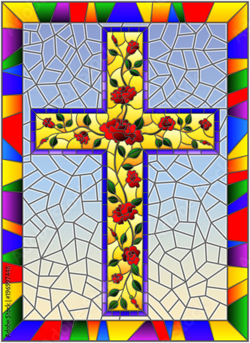 illustration-in-stained-glass-style-with-christian-cross-decorated-with-pink-roses-on-sky-background-in-bright-frame
