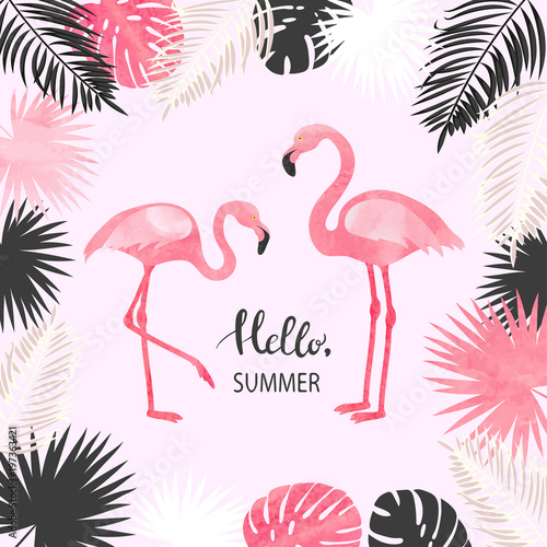 lato-tropikalny-wektorowej-z-akwarela-flamingo-i-lisci-palmowych