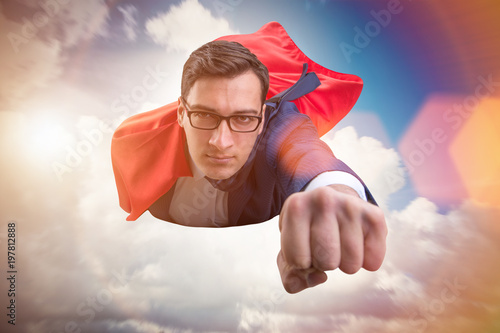 Flying super hero over the city