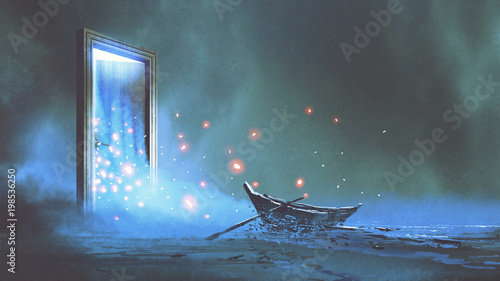 fantasy scenery of the abandoned boat on the shore near the mystery door, digital art style, illustration painting