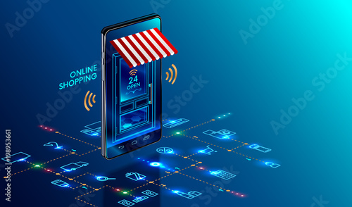 Online shopping. Smartphone turned into internet shop. Concept of mobile marketing and e-commerce. Isometric supermarket smartphone with icons of purchases. Awning above online store front door. © AndSus