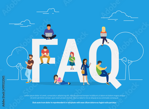 Frequently asked questions concept illustration of young people standing near letters and using smart phone, laptop and digital tablet. Flat women and men with letters symbols faq on blue background