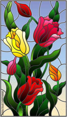 ilustracja-w-witrazu-stylu-z-bukietem-kolorowi-tulipany-na-niebie-b