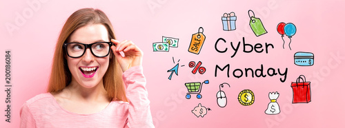 Cyber Monday with happy young woman holding her glasses