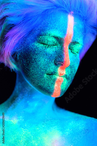Model Young Beautiful Portrait In Studio Makeup Neon Colors Model Young Beautiful Portrait In Studio Makeup Neon Colors Ultraviolet Lamp
