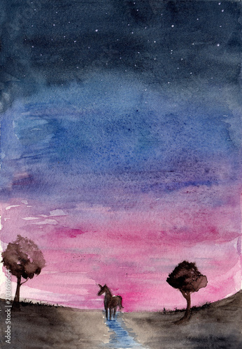 jednorozec-i-nocne-niebo-illustartion-akwarela