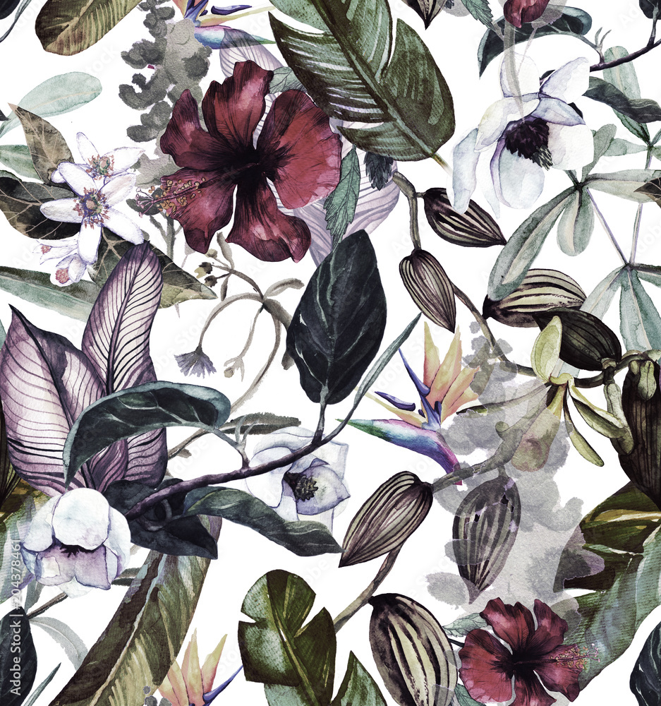 nahtloses-aquarellmuster-mit-tropischen-blumen-magnolie-orange-blume-vanilleorchidee-tropisch
