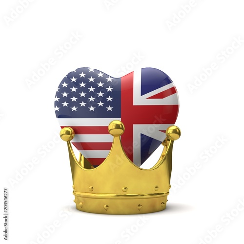 Heart Shape With American And Great Britain Flag With Gold Crown
