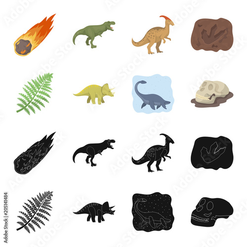 Sea dinosaur,triceratops, prehistoric plant, human skull. Dinosaur and prehistoric period set collection icons in black,cartoon style vector symbol stock illustration web.