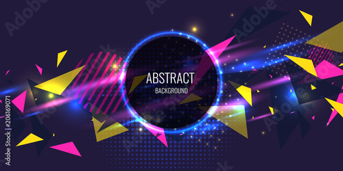 Abstract poster for the placement of text and information. Geometric shapes and neon glow against.