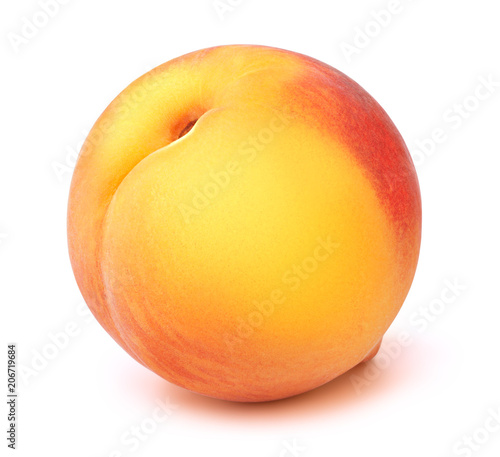 Fresh red and yellow peach fruit isolated on the white background with clipping path. One of the best isolated peaches that you have seen. © vmenshov