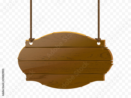 Wooden signboard isolated on checkered background, vector realistic wood texture illustration. Old-style banner with rope.