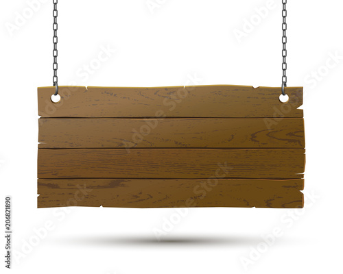 Wooden signboard isolated, vector realistic wood texture illustration. Old-style banner with chains.