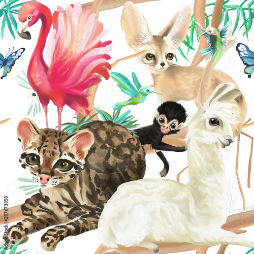 tropikalny-wzor-flaming-kot-ocelot-lama-malpa-i-fenek-lis-z-kolibry-i-motyle