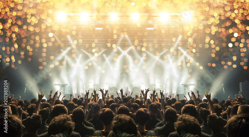 Concert stage with cheerful fans, lens flare and distress effects are visible