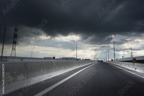 Elevated Express Way And Road With Cars Dark Stormy Sky A Big Rain