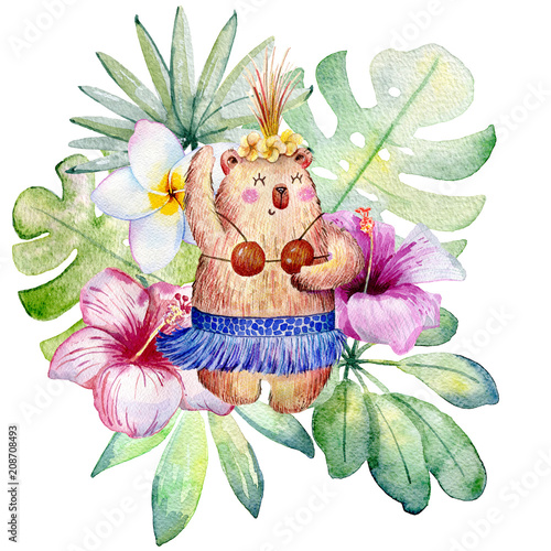 dancingowy-niedzwiedz-z-tropikalnymi-roslinami-akwareli-ilustracja-odizolowywajaca-na-bialym-tle