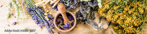 preparation of herbs, homeopathy, dried flowers, banner © yakovlevadaria