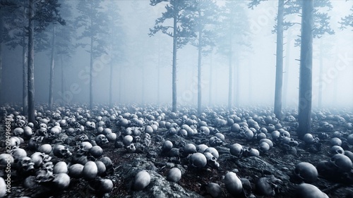 Scary old skulls in fog night forest. Fear and horror. Mistic and apocalypse concept. 3d rendering.