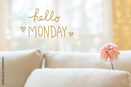 Hello Monday message with a flower in a bright interior room sofa