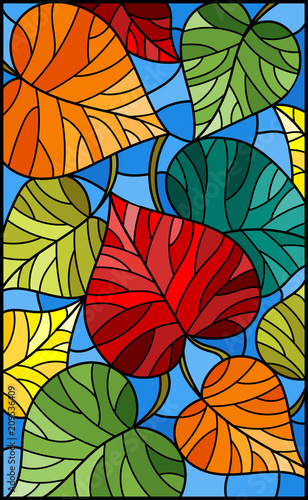 illustration-in-stained-glass-style-with-colorful-leaves-on-blue-background