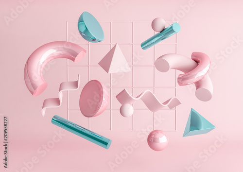 3d-odplacaja-sie-realistycznego-prymitywow-sklad-latajacy-ksztalty-w-ruchu-odizolowywajacym-na-rozowym-tle-abstrakcyjny-motyw-dla-modnych-wzorow-kule-torusy-rurki-stozki-w-metalicznych-kolorach-niebieskim-i-rozowym