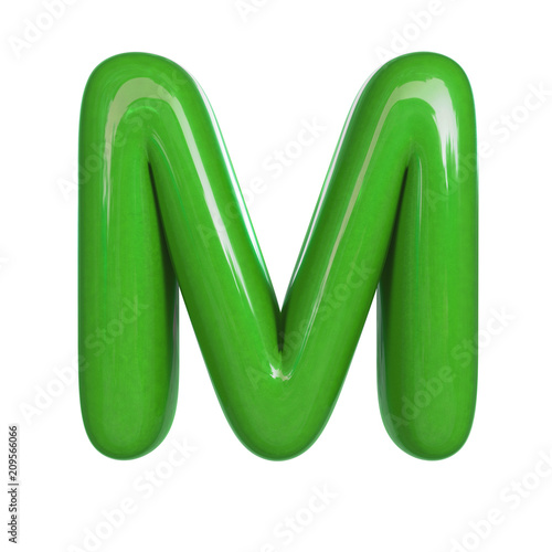 Glossy Green Paint Letter M 3d Render Of Bubble Font Isolated On
