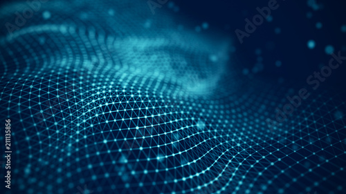 Data technology illustration. Abstract futuristic background. Wave with connecting dots and lines on dark background. Wave of particles. © Oleksii