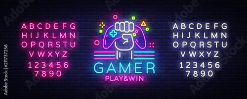 Gamer Play Win logo neon sign Vector logo design template. Game night logo in neon style, gamepad in hand, modern trend design, light banner, bright advertisement. Vector. Editing text neon sign