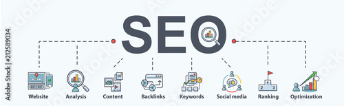 SEO search engine optimization banner web icon for business and marketing, traffic, ranking, optimization, link and keyword. Minimal vector infographic. © Buffaloboy
