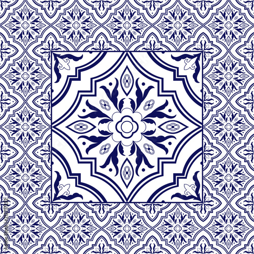 Portuguese Tile Pattern Vector Ornaments Flower Big Texture Element Portuguese Tile Pattern Vector Ornaments Flower Big Texture Element In Center With Frame Portugal