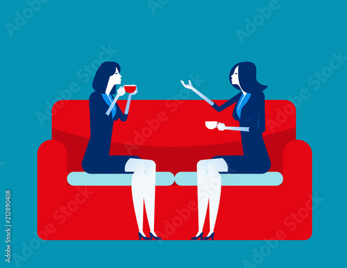 Business people meeting talking. Concept business vector illustration. Flat character style. Red sofa, Meeting