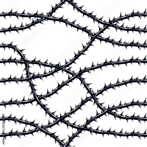 Horror art style seamless pattern, vector background. Blackthorn branches with thorns stylish endless illustration. Hard Rock and Heavy metal subculture music textile fashion stylish design.